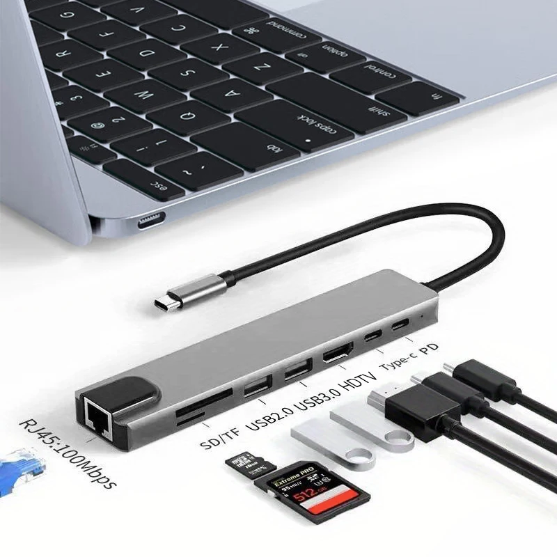 8in1 Type C Hub USB C 8 In 1 USB3.1 To 4K HDMI Adapter with RJ45 SD/TF Card Reader PD Fast Charge For Laptop Computer