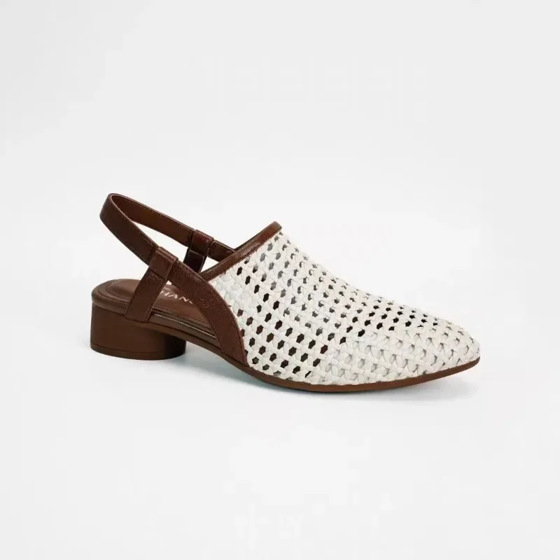 

Модные французские тканые дышащие сандалии с острым носком, новинка лета 2025 года, женские сандалии из мягкой кожи на толстом каблуке сзади