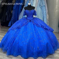 Mexico Royal Blue Off The Shoulder Ball Gown Quinceanera Dress For Girls Ball Sequined Birthday Party Gowns Tiered Customized