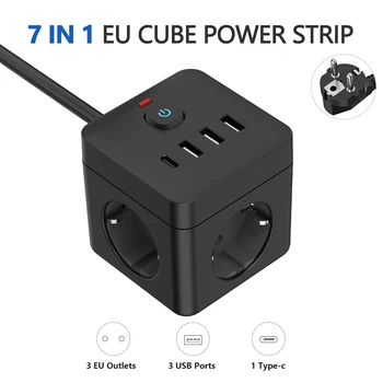 7-in-1 EU-stekkerdoos, stekkerdoos overspanningsbeveiliging, 3 AC-uitgangen 3 USB 1 Type-C, desktoplaadstation met overbelastingsbeveiliging
