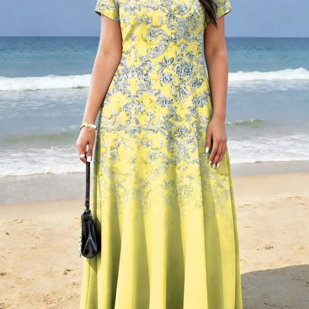 Boho Floral Print Womens Dress Summer Plus Size Loose Fit Short Sleeve Maxi Dresses With Side Pockets Casual Beach Outfits