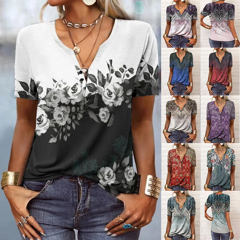 

2025 New European and American Women's V-neck T-shirt Ethnic Style Fashion Personality Flower 3D Printed Short Sleeve Top