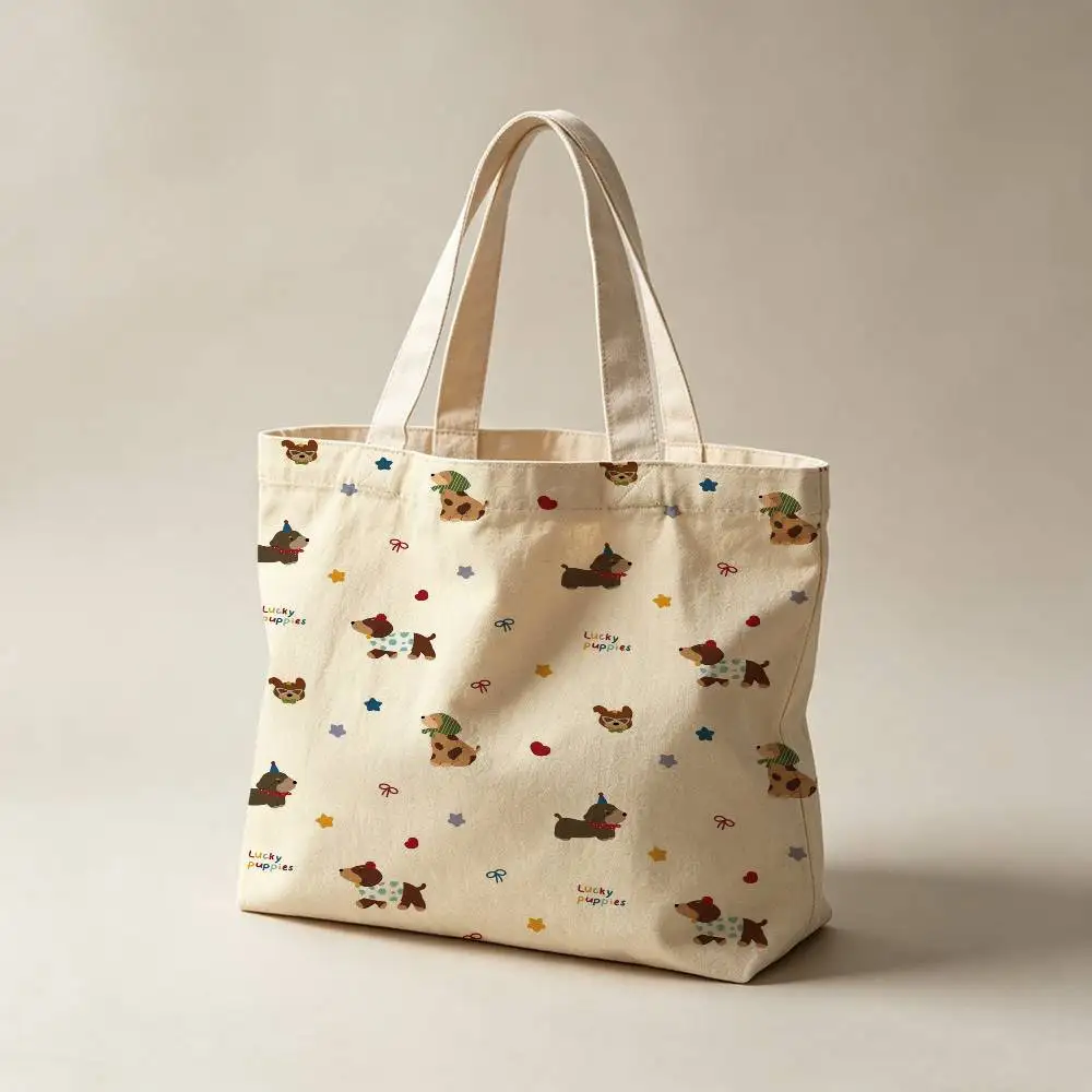 Lucky Puppies Canvas Tote Bag Waterproof Lining Large Capacity Reusable Shopping Bags Casual Student Daily Handbag