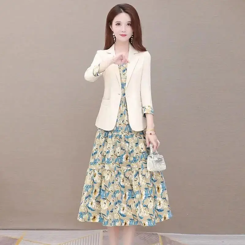 Women\'s Autumn Casual Blazers Sling Floral Dress Two Piece 2022 New Fashion Suit Jacket Midi Skirt Set Korean Elegant Chic Set