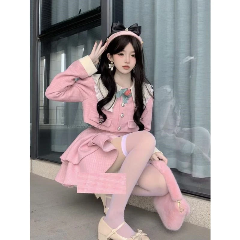 Korea Style Jk Long Sleeve Suit Sweet Doll Collar Contrasting Colors Patchwork Short Jacket Waist Puffy Skirt Women's Pink Set