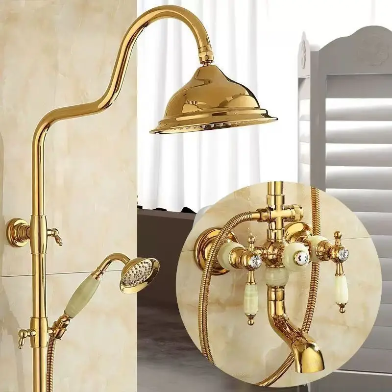 European Style Natural Jade Shower Set Brass Hot and Cold Four Level Golden Faucet in the Bathroom