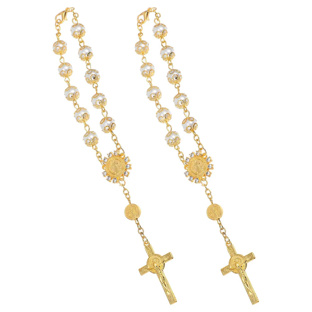 

2 Pcs Cross Ornaments Car Mirror Accessories Gold Silver Lace Imitation Pearl Durable Material Safety Blessing Easy Installation