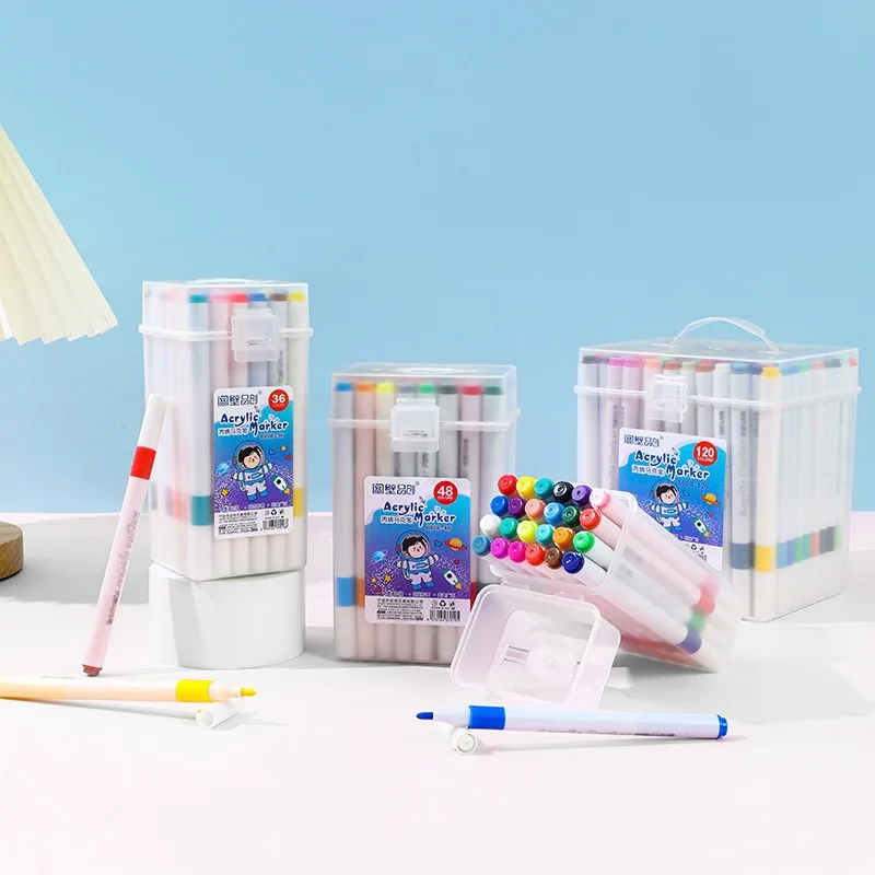 12/24/36/48/60pcs Fine-Point Acrylic Marker for Students Water-Based Ink Washable Colored Pen with Transparent Holder Barreled