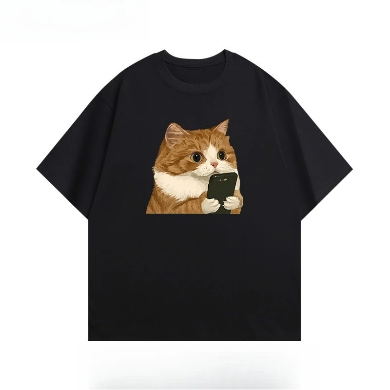 

English Slogan Cat Teacher Short-sleeved T-shirt Cute Cat Cat Creative Simple Cartoon Print Men's and Women's Short Sleeves