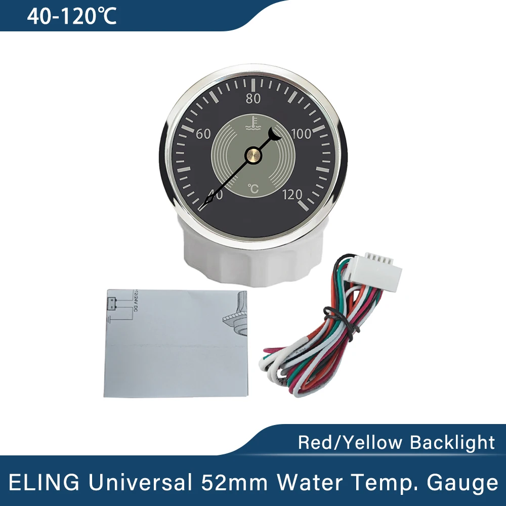 

ELING 52mm Water Temperature Temp Gauge Meter 40-120℃ Signal with Red Yellow Backlight for Auto Motorcycle Marine Boat 12V 24V