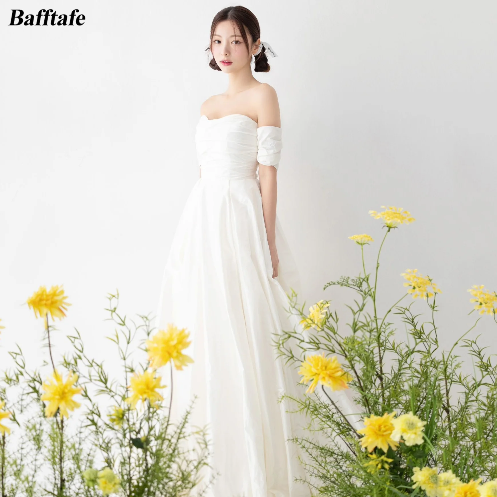 

Bafftafe A Line Taffeta Bride Wedding Photo Shoot Dresses Pleated Short Sleeves Formal Bridal Gowns Women Specail Party Dress