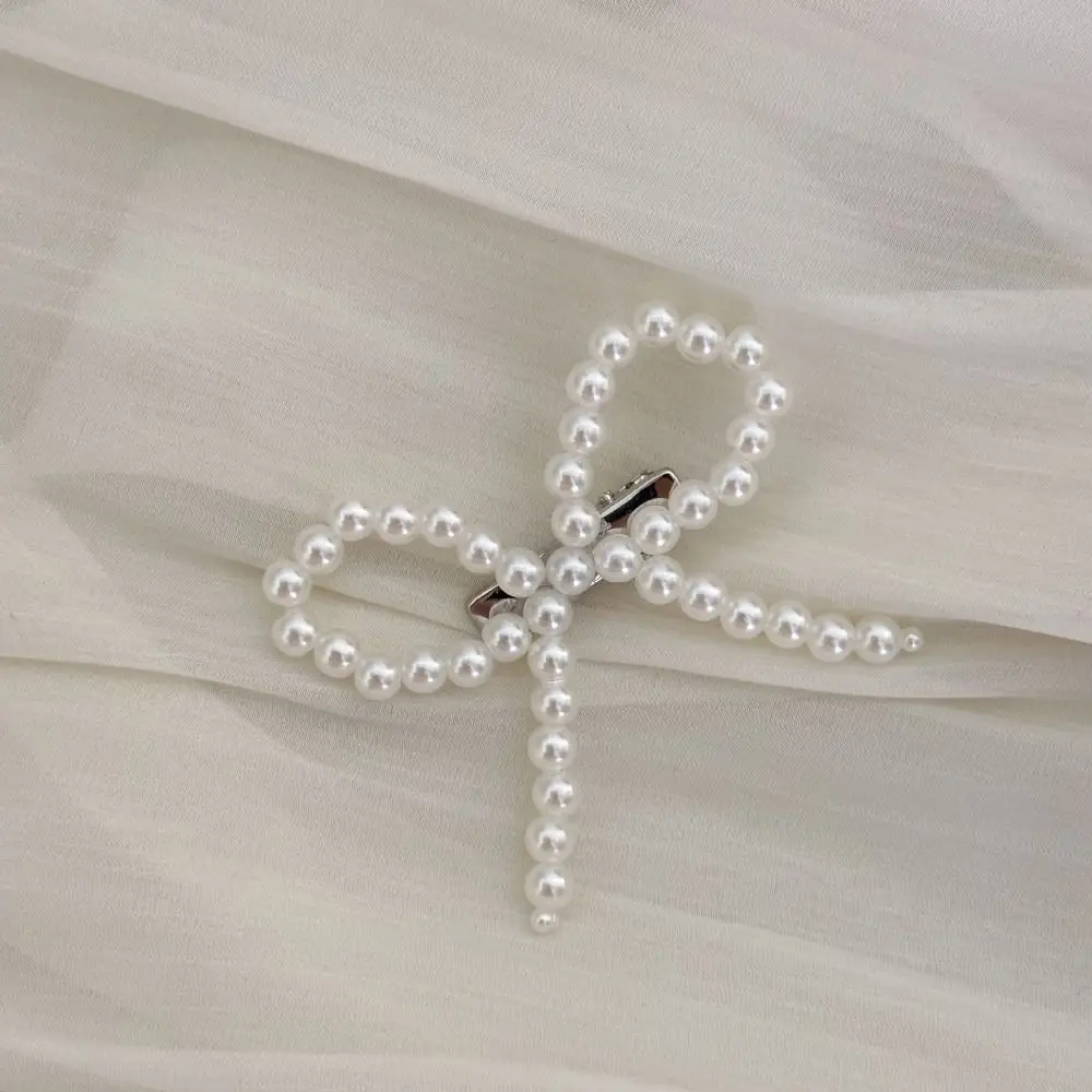 

Harajuku Sweet Pearl Bowknots Hairpins Y2k Vintage Duck Billed Clip Fashion Bangs Hairclip For Women Girls
