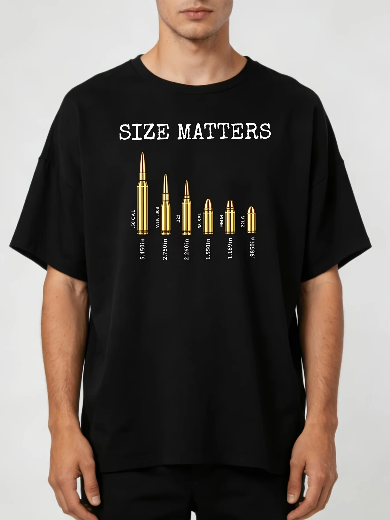 Retro Ammo T-Shirt with 50 Caliber Bullet Casings Caliber Chart Short Sleeve Casual Round Neck Tee Suitable for Gun Enthusiasts