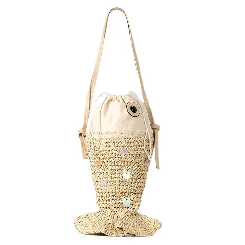 

Cute Fish Sequin Women'S Bags Fashion Straw Shoulder Bag Hand Woven Summer Beach Bucket Bag Creative Drawstring Design Handbags