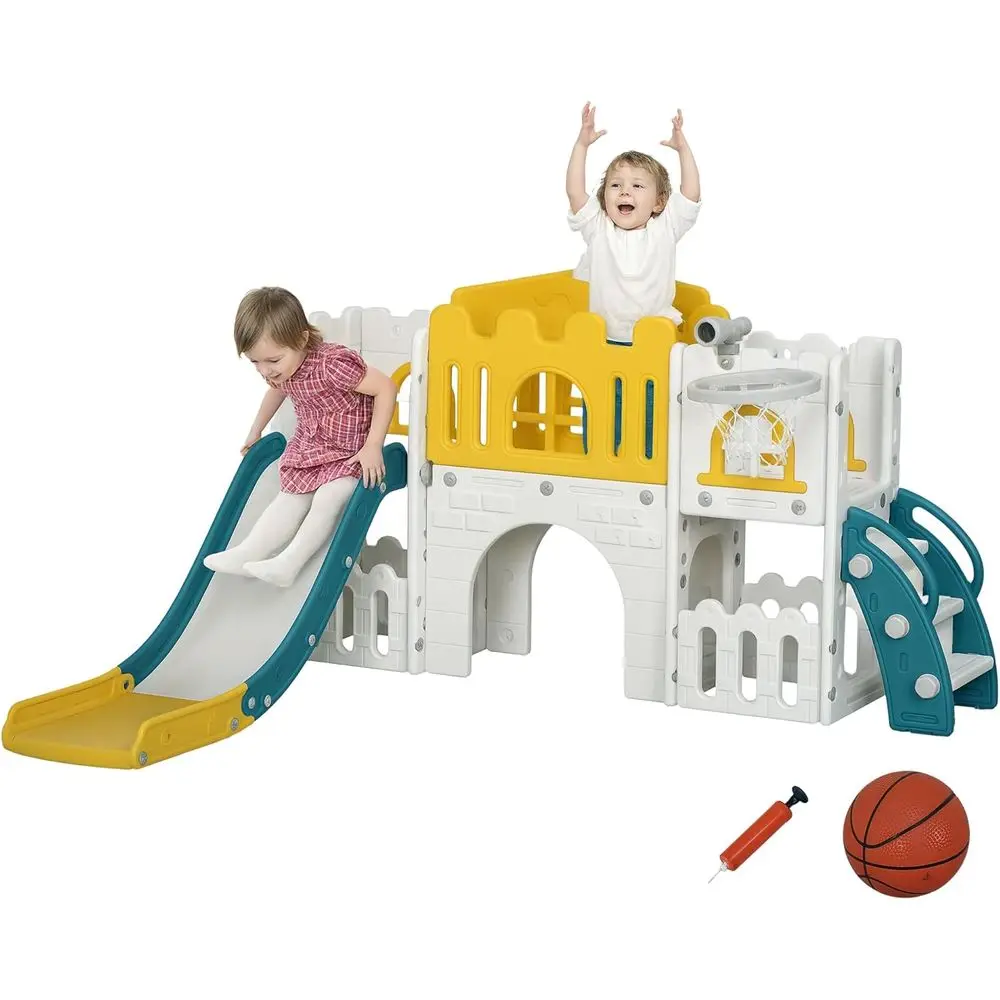 

Indoor Toddler Slide Playset for Ages 1-3, with Basketball, Climber, Tunnel, Steering Wheel, Storage Baskets, Yellow
