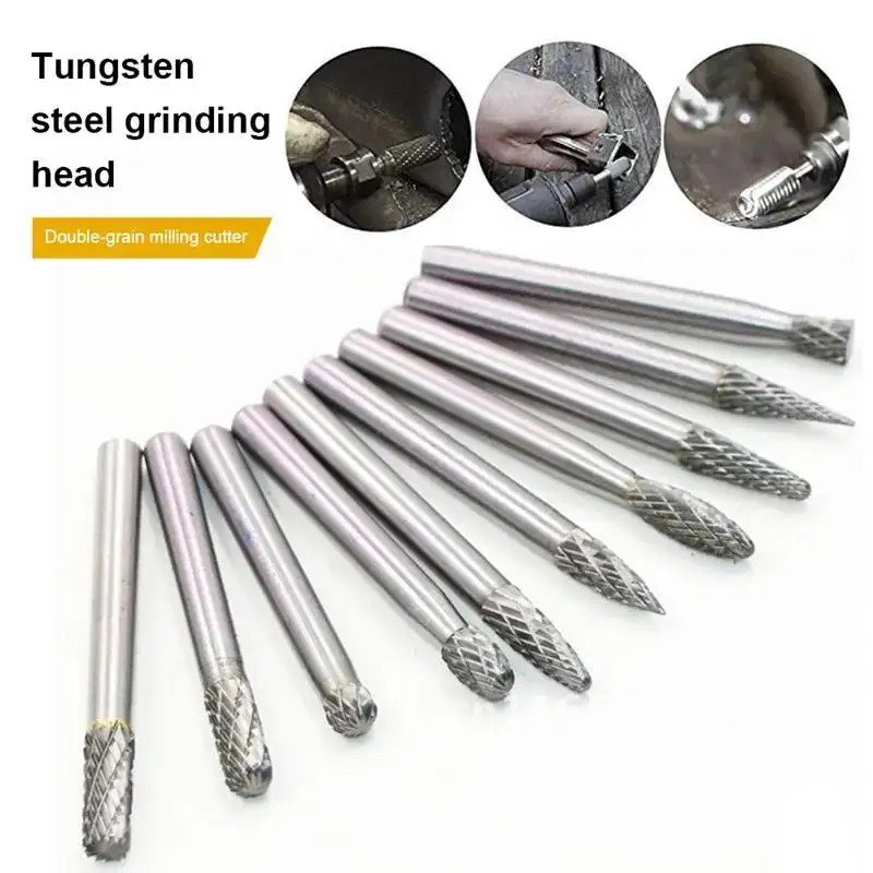 

10PCS Tungsten Steel Rotary Bur Set Double Cut Solid Carbide Rotary Bit Rotary Cut File 6MM Handle For Metal Carving Woodworking