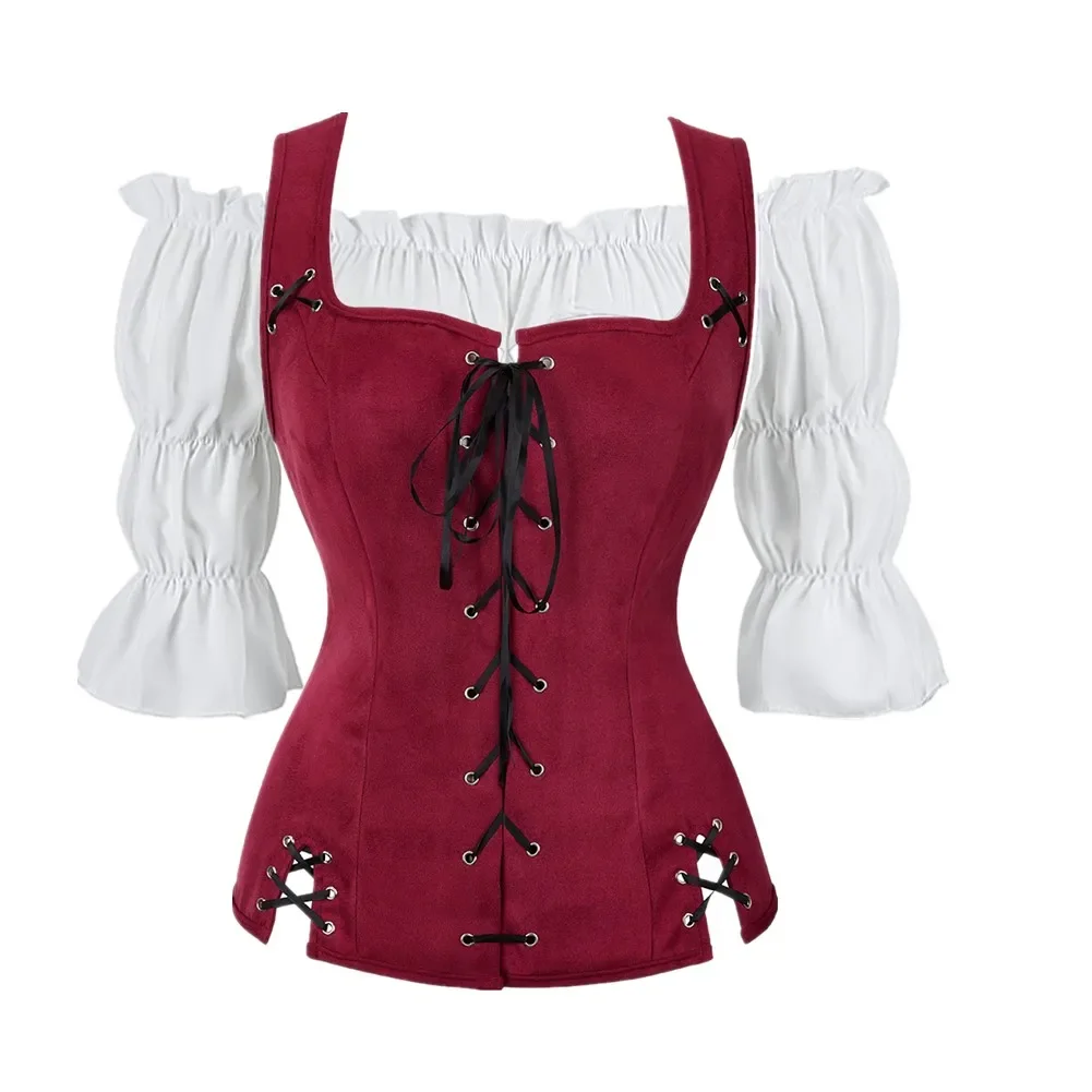 Gilet pirata medievale con spalline Plus Size Steampunk Gothic Lace Up corsetto Top donna rinascimentale con spalle scoperte camicetta corsetto