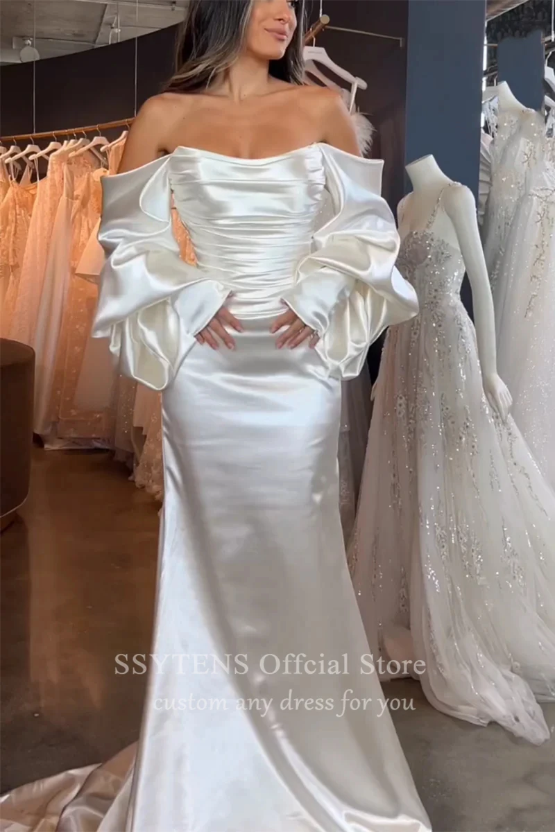 Abiti da sposa con spalle scoperte 2 In 1 maniche lunghe rimovibili abito da sposa a sirena con pieghe a cuore abito da sposa elegante con bottoni