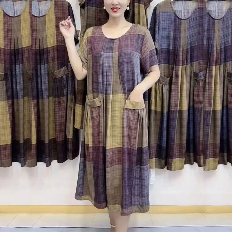 2024 Summer Plaid Printed Vintage Dresses Female Clothing Stylish Folds A-Line Casual Loose Pockets Spliced Commute Midi Dress