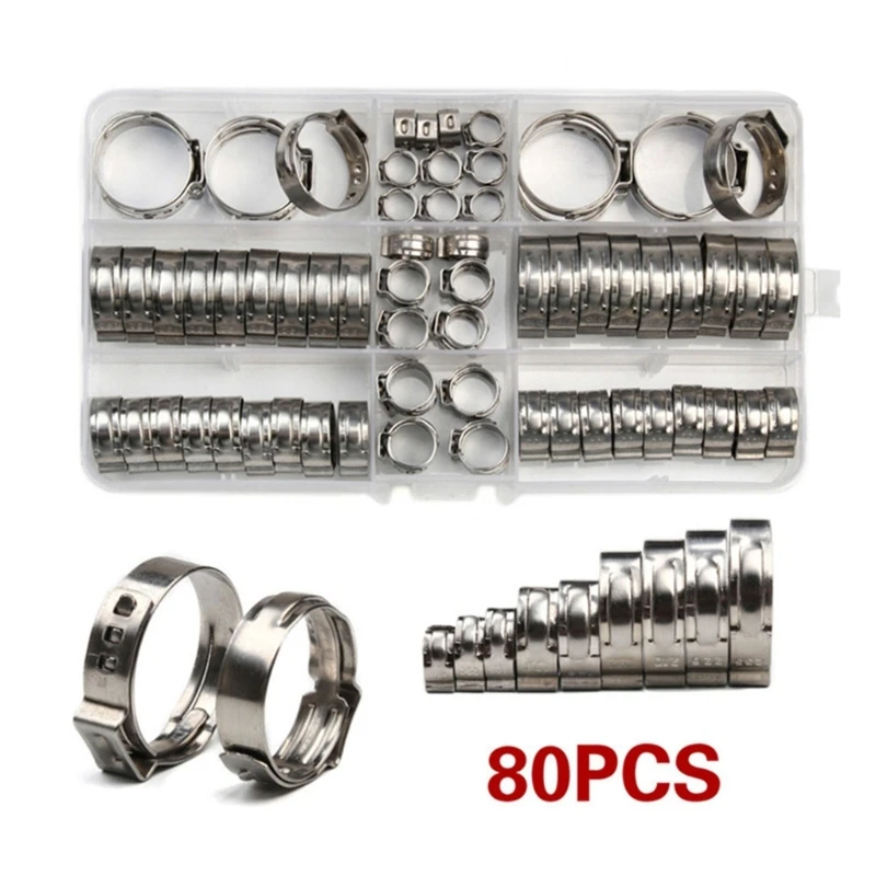 80Pcs Single Ear Hose Clamp Stepless Hose Clamps Cinches Rings Stainless Steel Crimp Pinch Fitting Tool Enduring Dropship