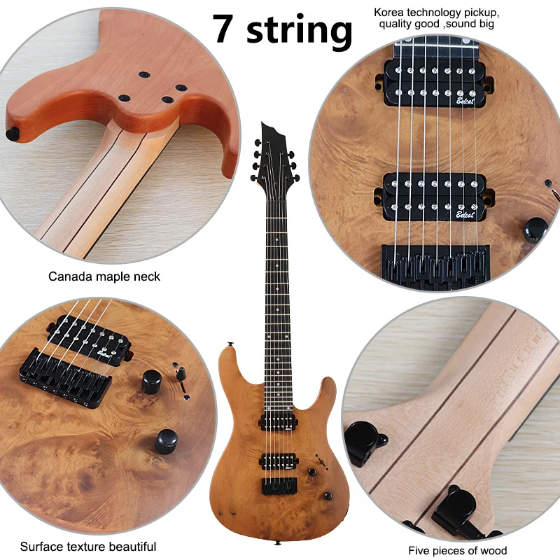 7/8 Strings Tree Burl Top Electric Guitar 39 Inch Red Solid Okoume Wood Body Matte Finish 24 Frets 5 Pcs Maple Wood Combine Neck