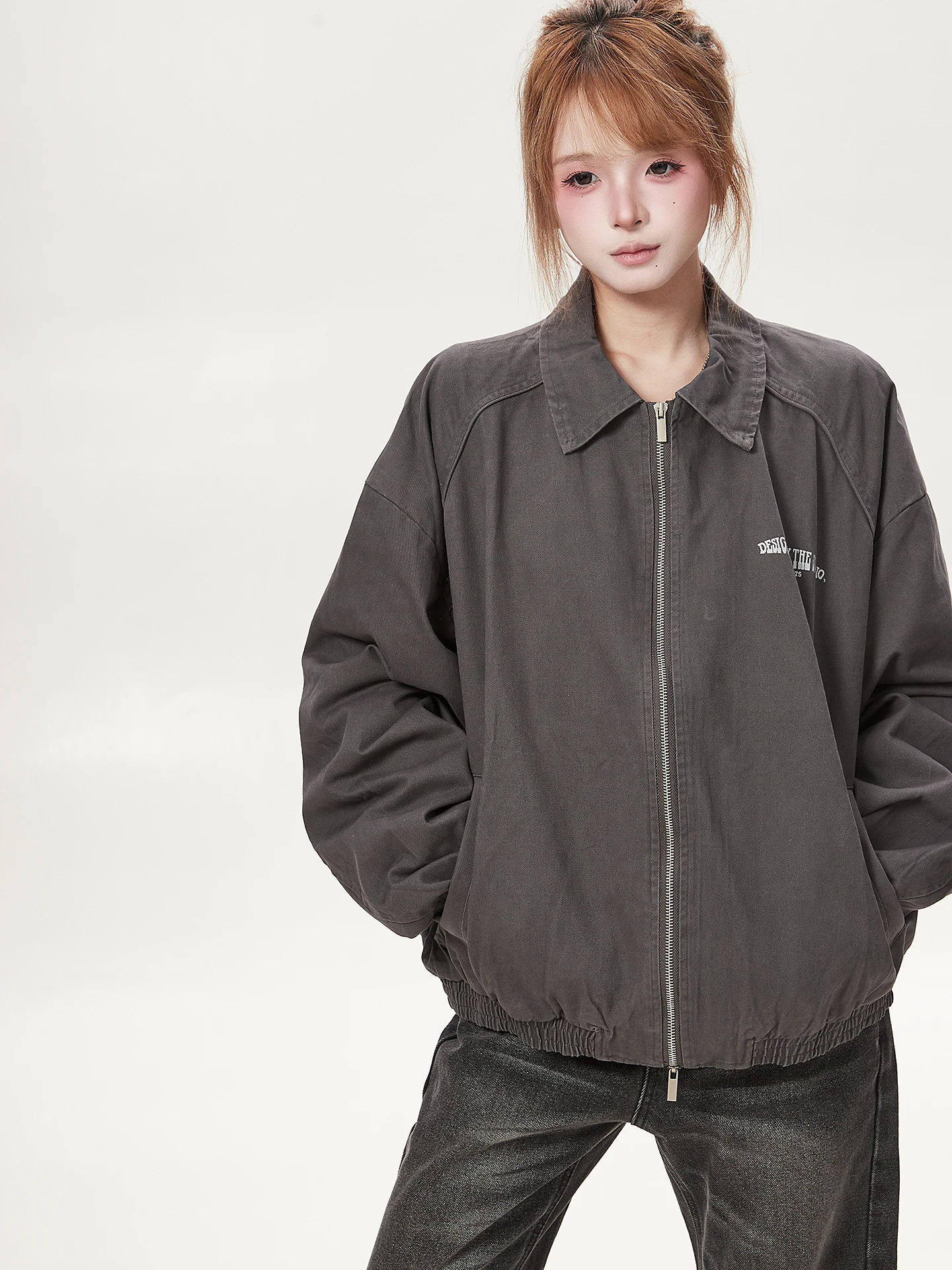 Ant American Retro Casual Loose Fit Short Jacket Unisex Grey Zipper Printed Versatile Cotton Long Sleeve Coat for Men And Women