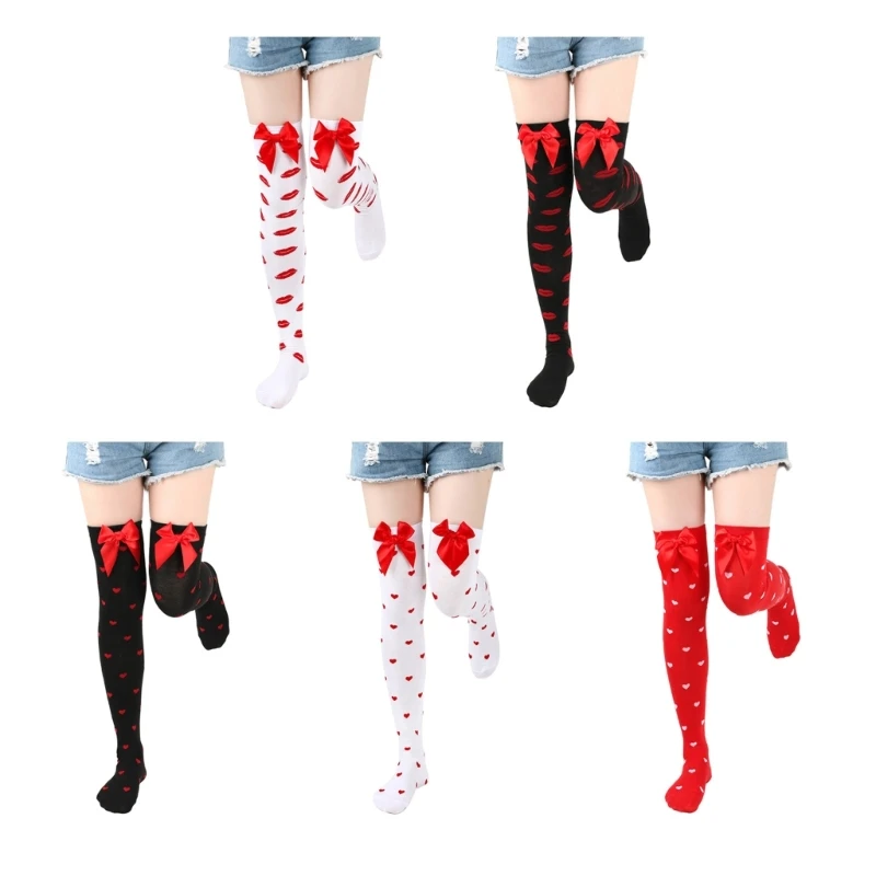 Valentine Day Bow Lip Heart Pattern Thigh High Stockings Tights for Women