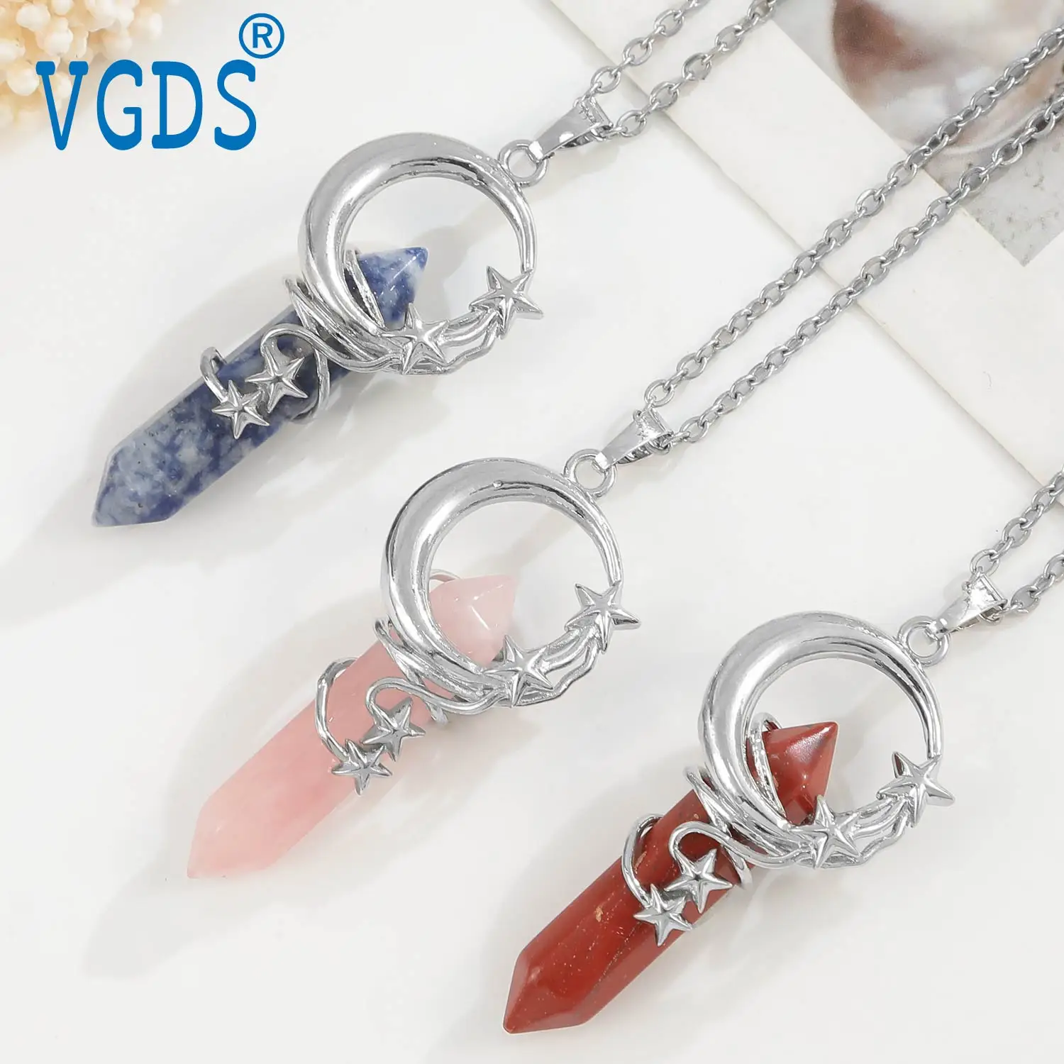 

VGDS Natural Crystal Pendant Necklace Design Moon Star Multi Material Hexagonal Column Men's and Women's Jewelry Accessories