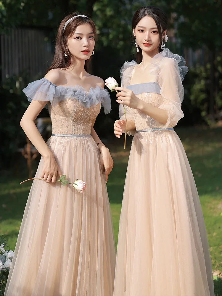 Temperament  Long Bridesmaid Dress Elegant Contrast Color Sequins Beadings Formal Vestidos Sisters Group Gown Graduation Dress