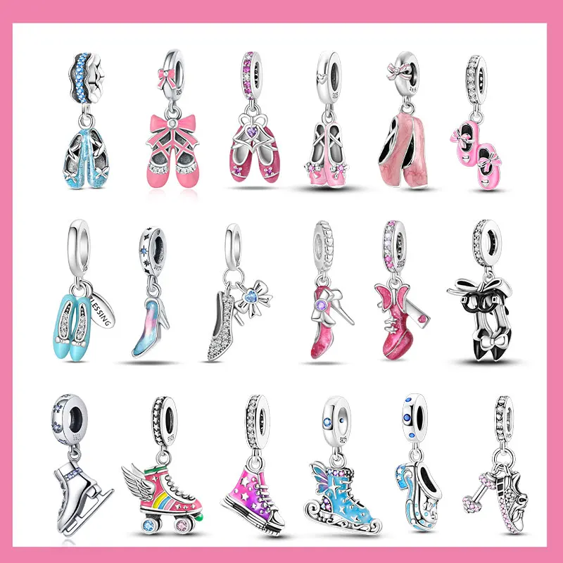 

925 Sterling Silver Ballet Dance Shoes High Top Canvas Shoe High Heels Charms Beads Fit DIY Bracelet Fine Birthday Jewelry Gift