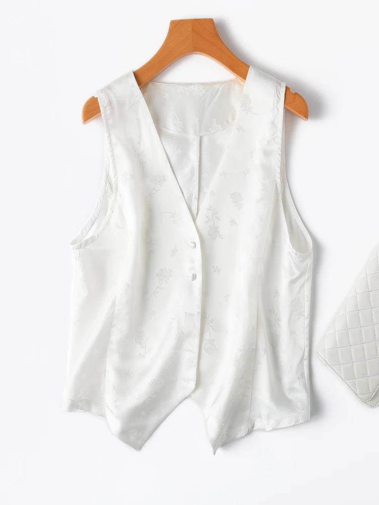 Exquisite Jacquard White Light Chinese Style 100% Natural Mulberry Silk Jacquard Satin Women's V-neck Sleeveless Vest