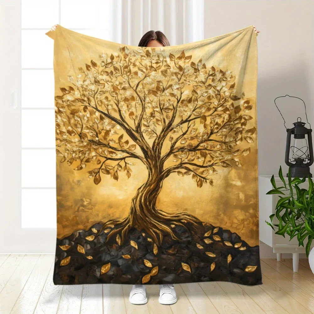 

Cozy Golden Tree Print Flannel Throw Blanket Soft Warm Versatile for Couch Bed Car Office Camping Travel AllSeason