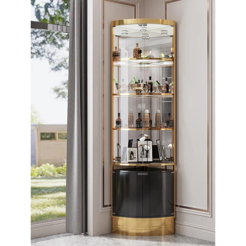 

European-style light luxury high-end triangular wine cabinet, stainless steel corner glass, living room against the wall, modern
