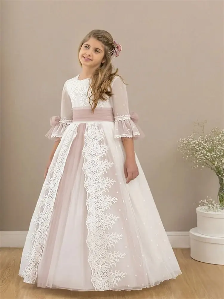 customized Elegant Flower Girl Dress For Wedding Half Sleeves Lace Tulle Puffy Princess Kids Birthday Party First Ball Gown