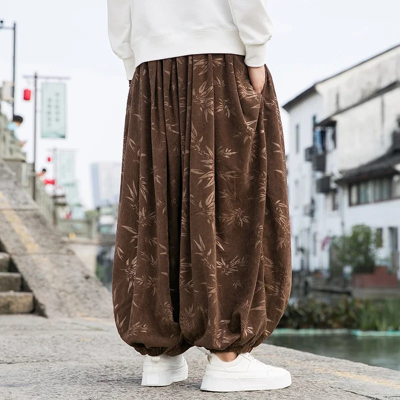 ผู้ชายกางเกงไม้ไผ่ Dark ดอกไม้ Corduroy คุณภาพสูง Bloomers Casual หลวมยืดหยุ่นเอวกางเกงขากว้างชายกลางแจ้งยี่ห้อ