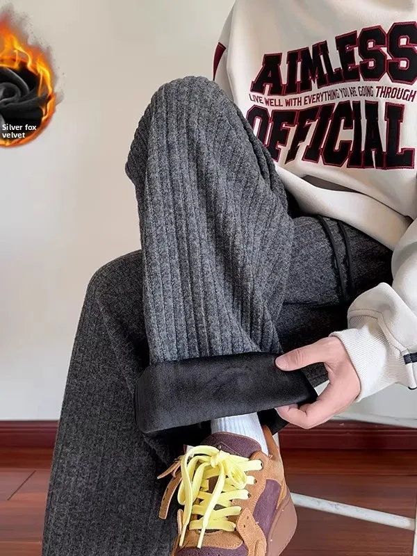 

Thiened Silver Fur Casual Pants Men's Autumn Winter Fce Warm Sweatpants American Retro Embroidery Long Pants