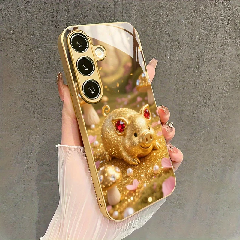 Small Golden Pig Pattern Glass Phone Case Suitable for Samsung Galaxy S26 S25 S24 S22 S21 S20 FE/Ultra/Plus Anti Drop Rear Cover