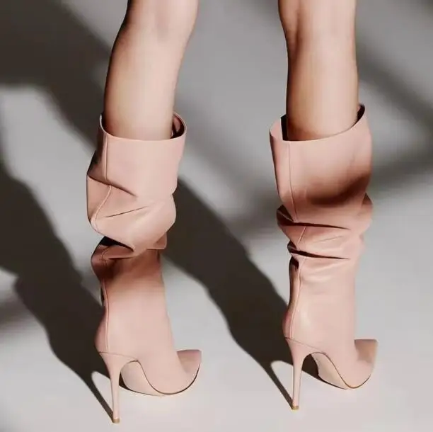 

Hot Women Pink Brown Black Soft Leather Suede Pleated Tube Slip On Knee High Boots Female Pointed Toe Thin Heels Long Boots