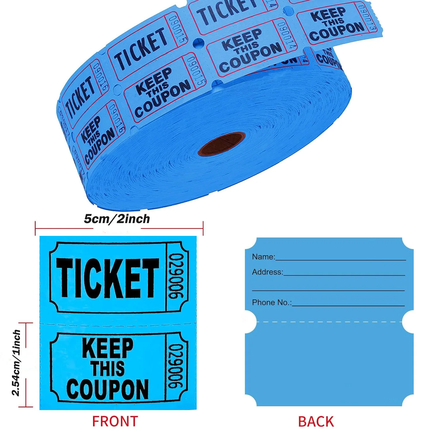 1000 Tacticai Raffle Tickets, Blue/Red (2 Color Selection), Double Roll, Ticket for Events, Entry, Class Reward, Fundraiser