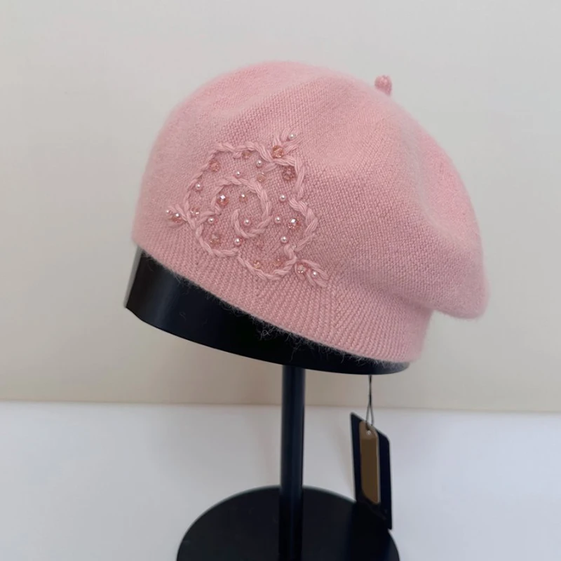 Angora Beret Women Winter Knit Hat Flower Pearls Warm Soft Accessory For Autumn Outdoors Sports Cold Weather
