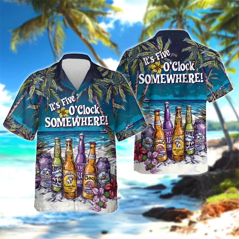 

It's 5 O'clock Somewhere Party Graphic Beach Shirts Cold Wine Parrot Shirt For Men Clothes Cute Husky Short Sleeve Vacation Tops