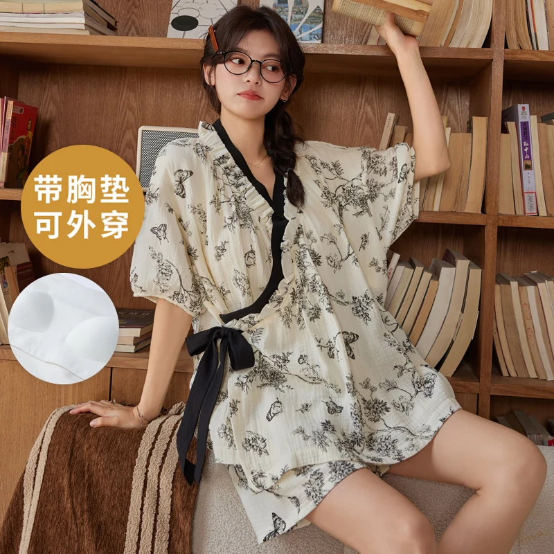 

Новое женское кимоно, ночное белье с подкладкой для бюстгальтера, летняя тонкая домашняя одежда, молодежный короткий топ для сна и брюки для девочек, пижамный комплект, женская одежда для сна