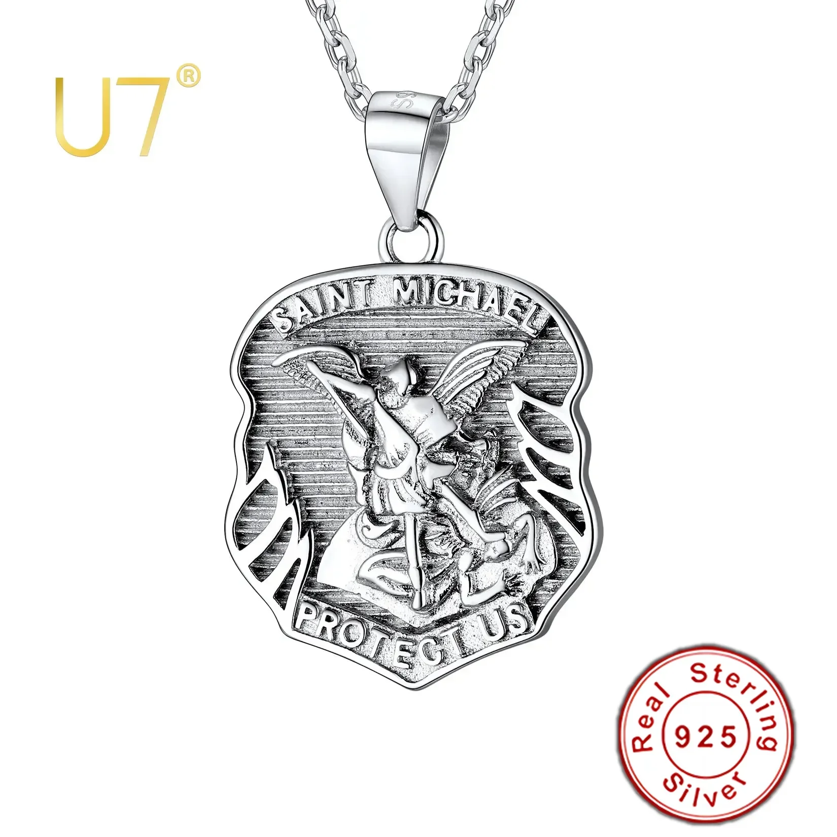 U7 925 Silber Erzengel Saint Michael Schild Anhänger Halskette für Mann Frauen 18" Rolo Kette 5,6g Schutz Schmuck QC24