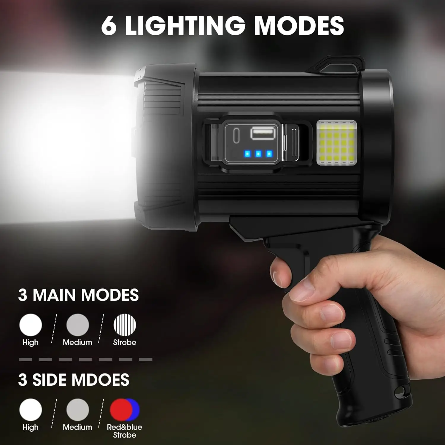 Oplaadbare spotlight, 99.000 lumen superheldere LED-zaklamp met zonnepanelen voor buiten kamperen varen