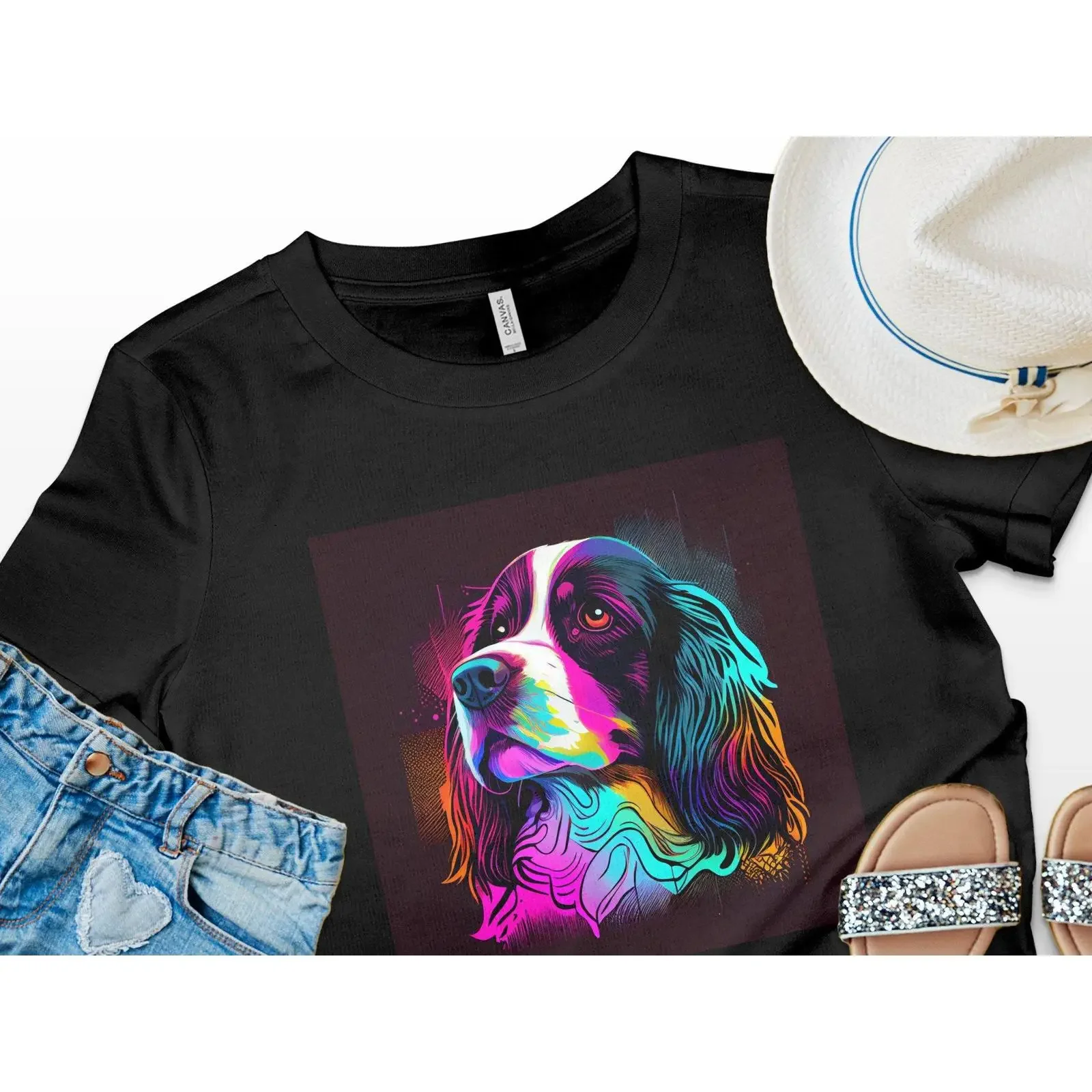 Neon Art English Springer Spaniel  T Shirt Cute Dog Portrait PeT for Owners vintage Washed Versatile designer clothes