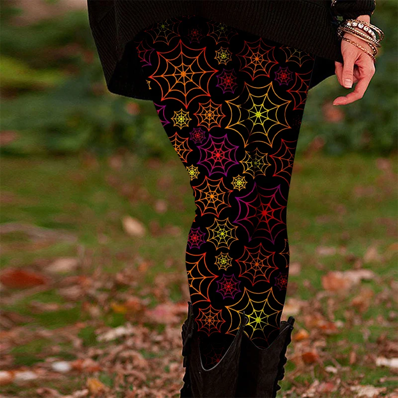 Leggings elastici per ragazze a tema Halloween - neri con disegno di zucca arancione e pipistrello, morbido poliestere, lavabili in lavatrice - perfetti
