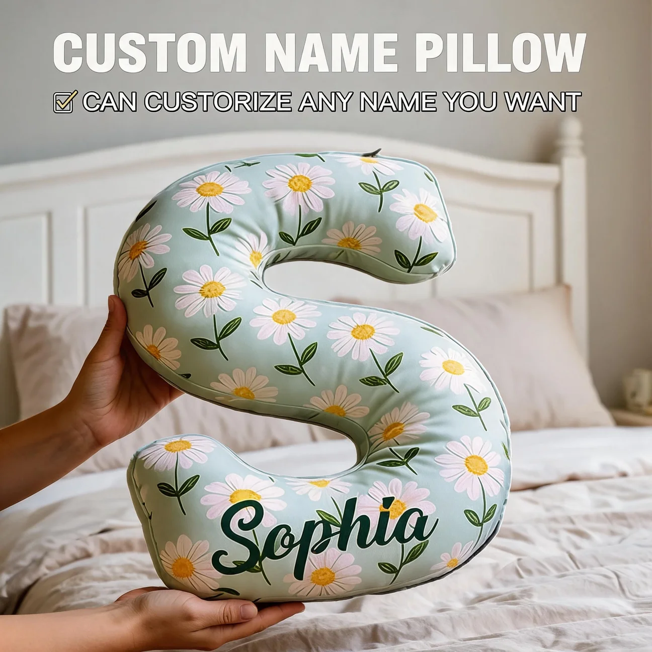 Custom Photo Letter S Shaped Pillow Personalized Name Daisy Flower Cushion Unique Home Decor for Sofa Bedroom Perfect Gift Woman