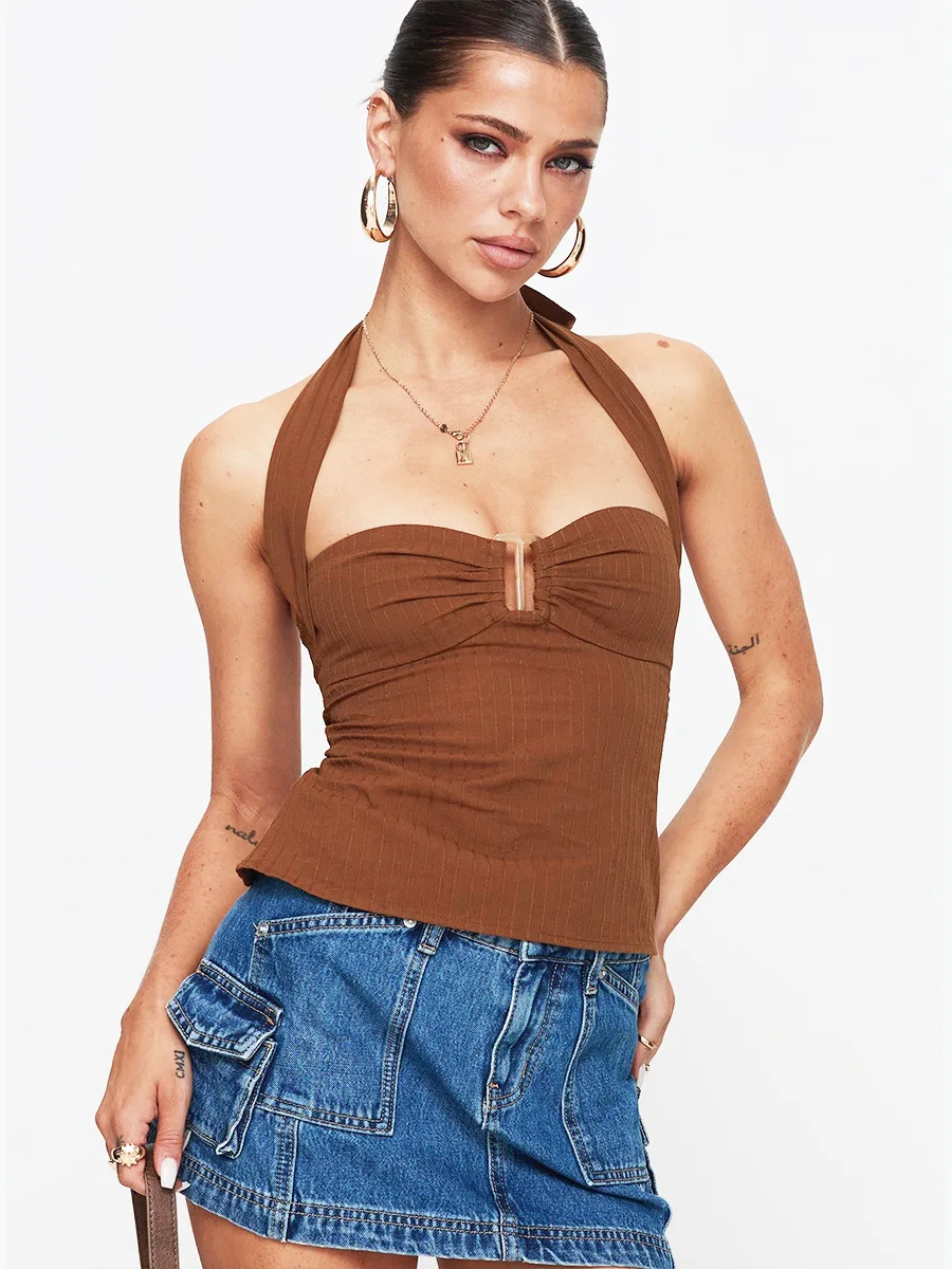 

2025 Chic Pleated Sleeveless Tops Fashion Lace Up Off Shoulder Slim Fit Halter Vest New Women's Summer Pink Vacation Party Top