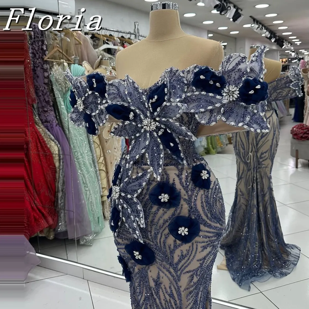 คลาสสิก 3D Handmade Multi-Layered ดอกไม้ Mermaid Evening Dresses Navy Blue Contrast คริสตัลชุดราตรียาว Gowns ที่กําหนดเอง