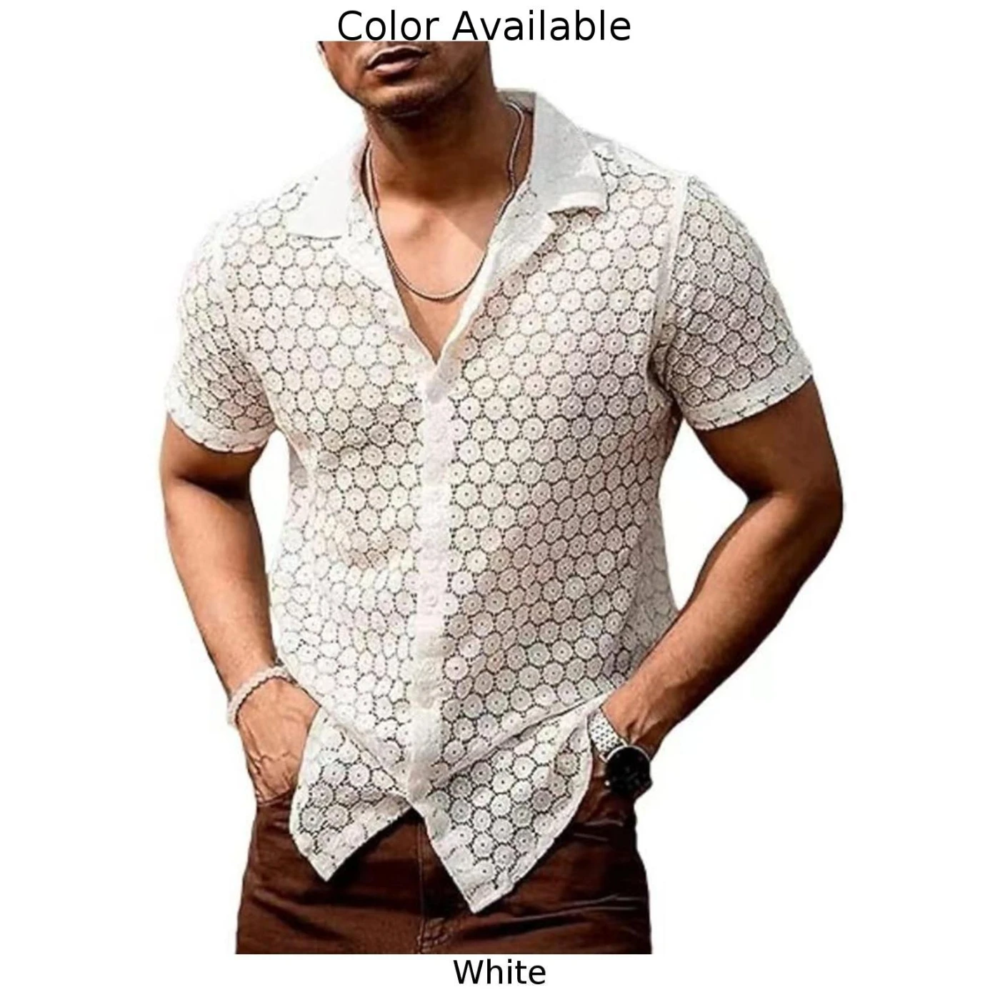 Tops Shirt Lace Men Outer Lapel Tops Polyester S-2XL Sexy Short-Sleeve Shirt Simple Embroidery Hollow Out Mesh